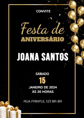  Convite Fundo preto, balões, presente
