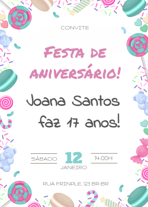  Convite Fundo branco, doces em volta