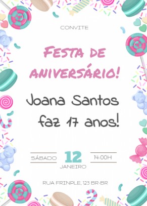  Convite Fundo branco, doces em volta