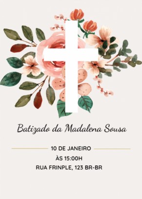  Convite Batizado, floral com cruz