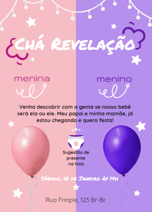  Convite Chá revelação, rosa, azul, balão