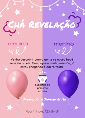  Convite Chá revelação, rosa, azul, balão