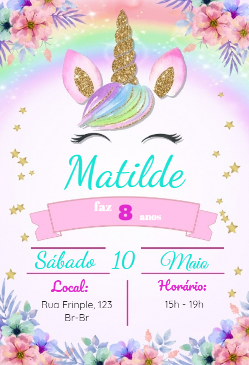  Convite Unicórnio, colorido