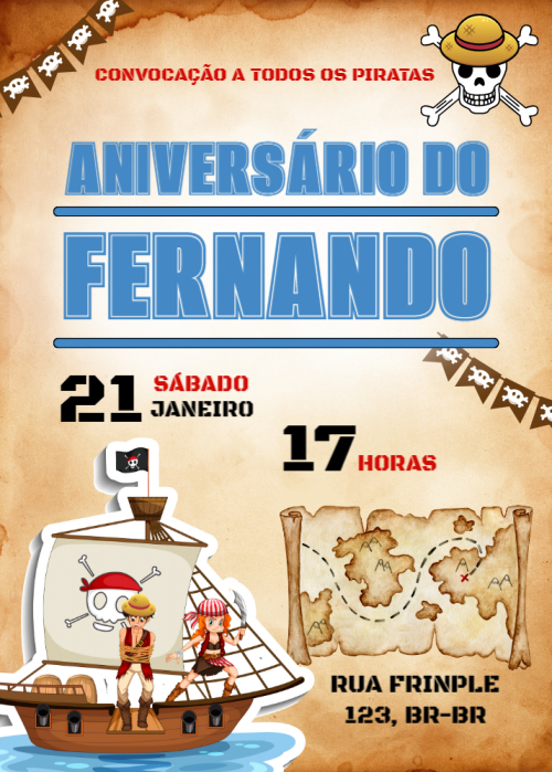 Convite Pirata, barco, mapa