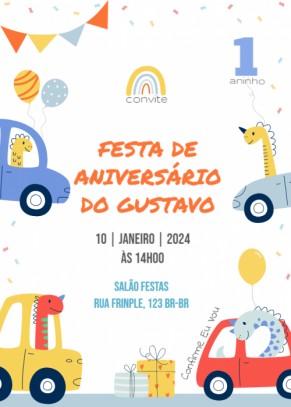  Convite Carrinhos, dinossauros guiando