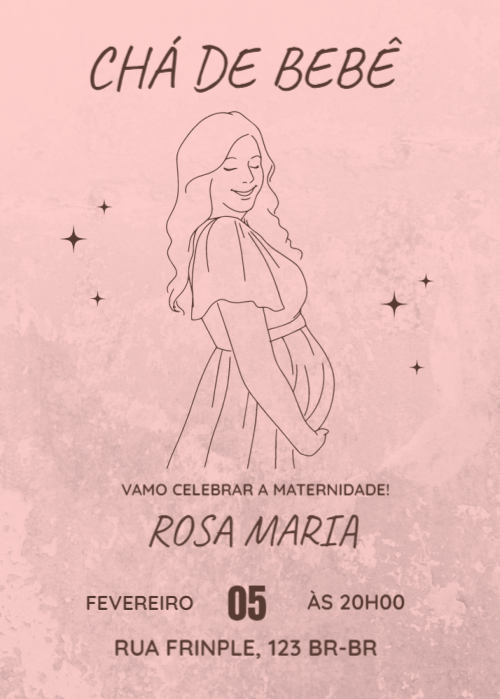  Convite Chá de Bebê, fundo rosa, desenho grávida