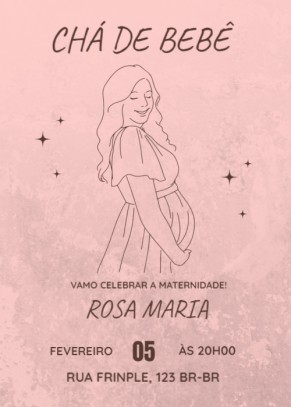  Convite Chá de Bebê, fundo rosa, desenho grávida