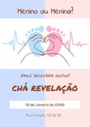  Convite Chá revelação, pezinhos, mãos coração, azul e rosa