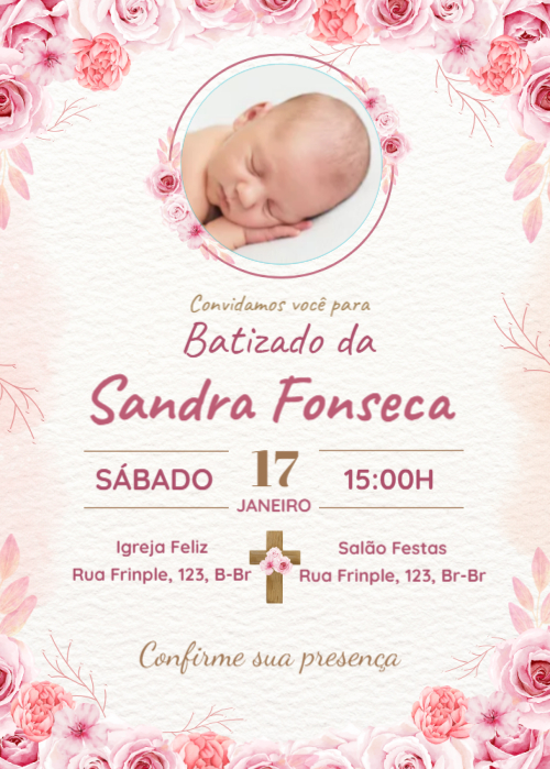  Convite Batizado, flores, rosa, com foto