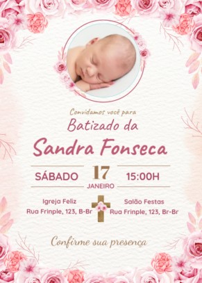  Convite Batizado, flores, rosa, com foto
