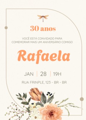  Convite Libelinha, laranja, linha dourada