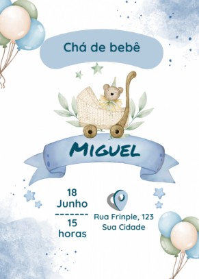 Convite chá de bebê azul, com ursinho