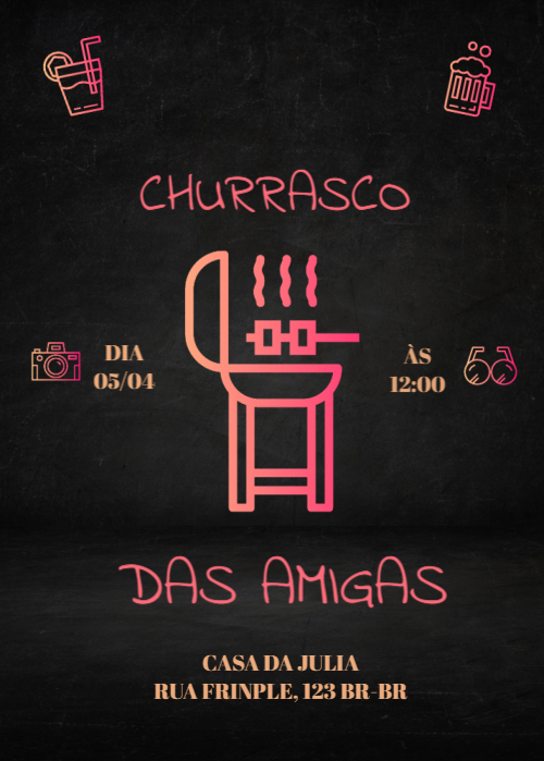  Convite Churrasco, fundo preto, neon