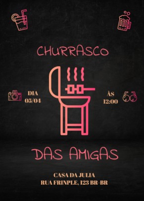  Convite Churrasco, fundo preto, neon