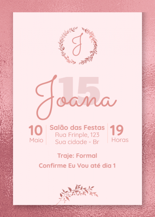  Convite gratuito 15 anos, rosa, bola floral