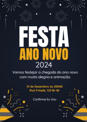  Convite Ano novo, fundo preto, confetis