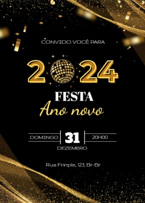  Convite Réveillon 2024, fundo preto, confetis