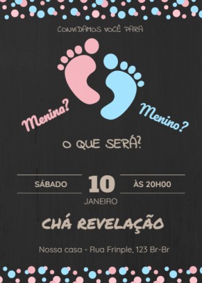  Convite Chá revelação, fundo preto, pezinhos