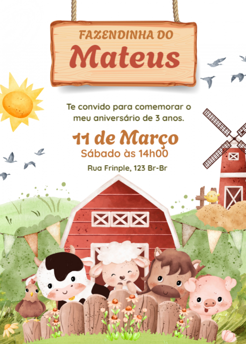  Convite gratuito Fazendinha, animais, moinho