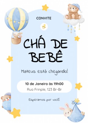  Convite Chá de bebê, ursinhos, balão, estrelas