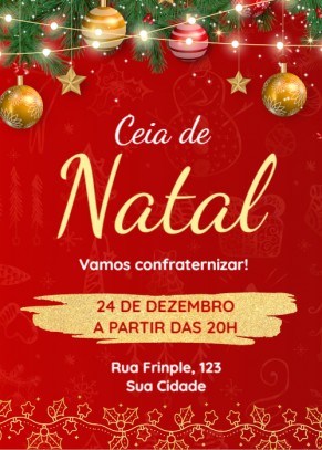 Convite natal com bolas e luzes no topo