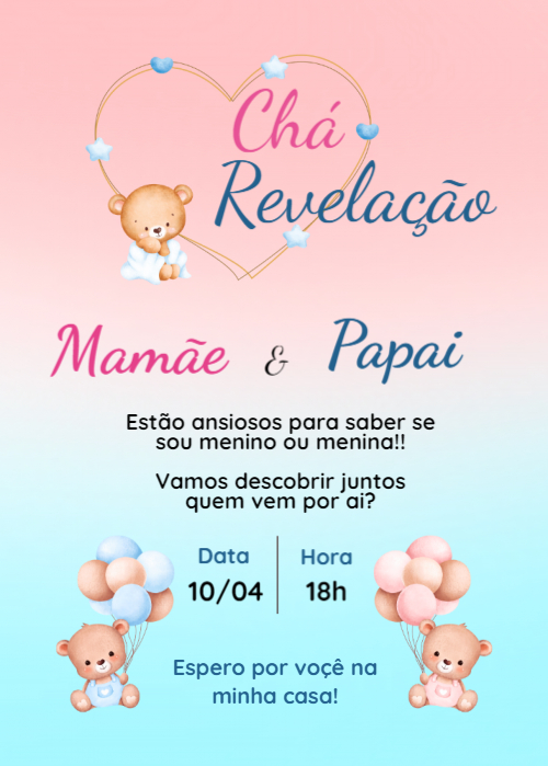  Convite Chá revelação, ursinhos, coração, balões