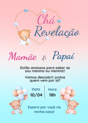  Convite Chá revelação, ursinhos, coração, balões
