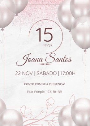  Convite Niver gratuito Rosa com balões