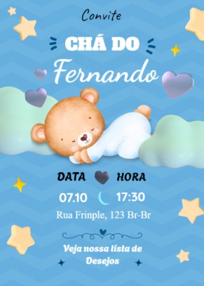  Convite Chá bebê gratuito, ursinho, fundo azul