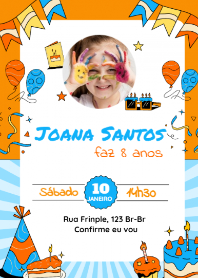 Convite Balões, bolo, com foto