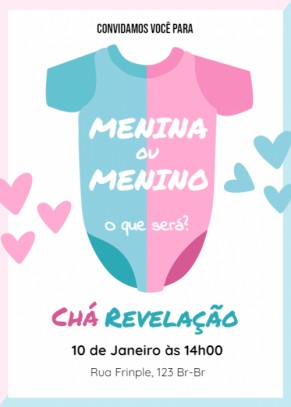  Convite Chá revelação, roupinha, azul, rosa