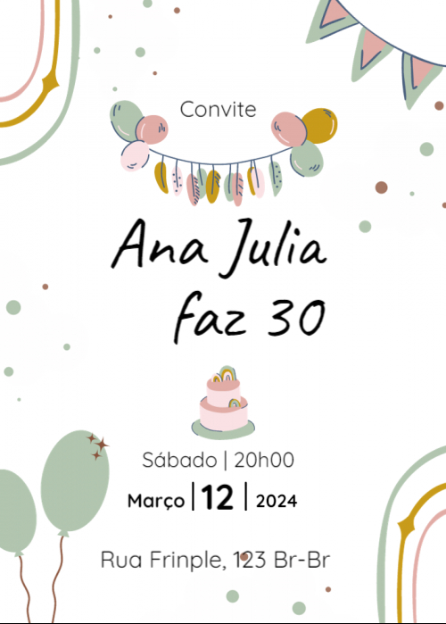  Convite Fundo branco, balões, fita