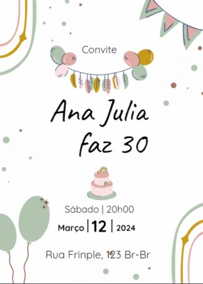  Convite Fundo branco, balões, fita