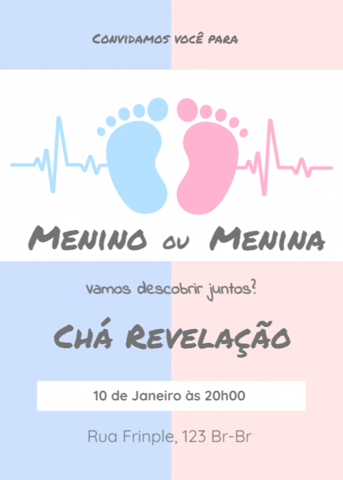 Convite Chá revelação, pezinhos, azul, rosa, letra cinza