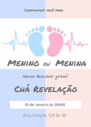  Convite Chá revelação, pezinhos, azul, rosa, letra cinza