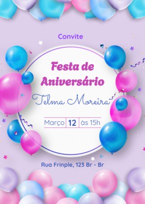  Convite Balões, azul, rosa