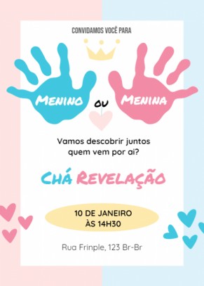  Convite Chá revelação, mãozinhas, azul, rosa