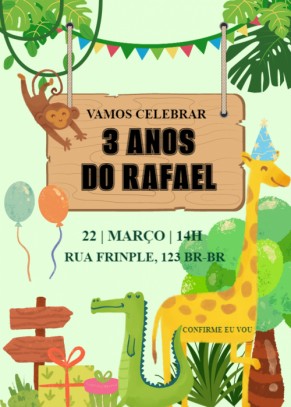  Convite aniversário infantil Dinossauro, girafa e macaco