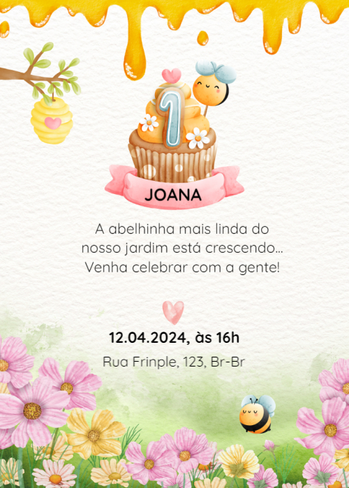 Convite 1 ano, mel, abelhas