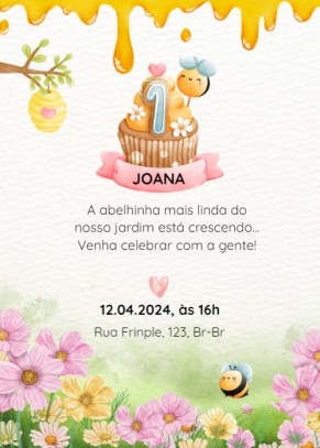 Convite 1 ano, mel, abelhas