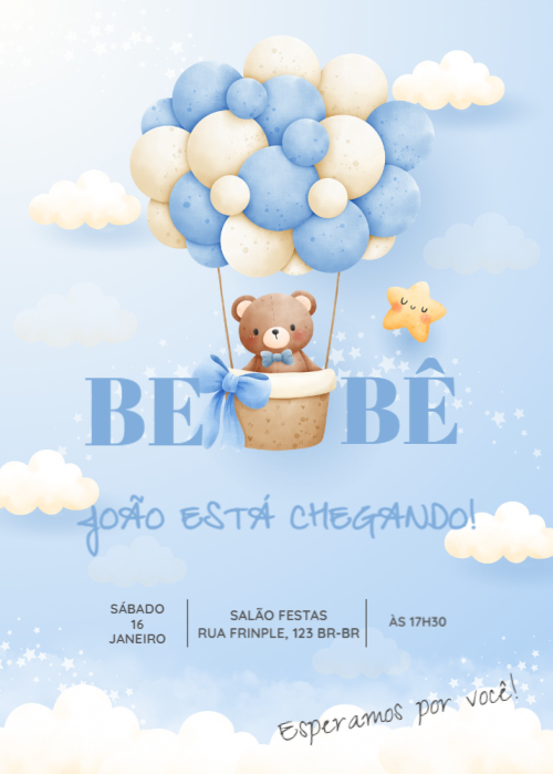  Convite Chá de bebê gratuito, balão com ursinho