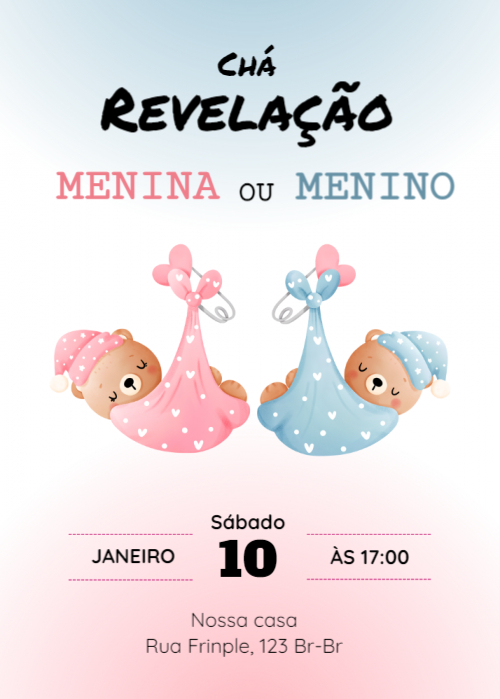  Convite Chá revelação, ursinhos na fralda
