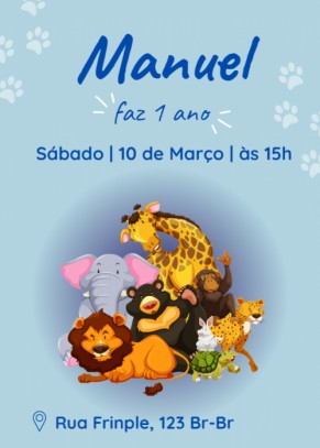  Convite Animais da selva, fundo azul