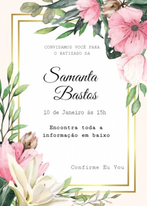 Convite batizado, quadro dourado com flores