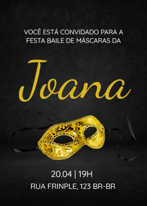  Convite Fundo preto, com máscara dourada