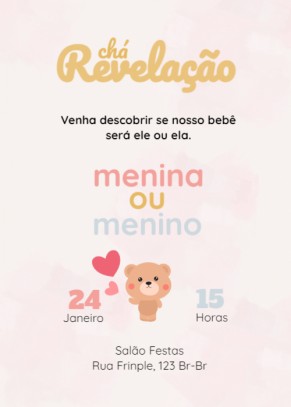  Convite Chá revelação, ursinho, coração