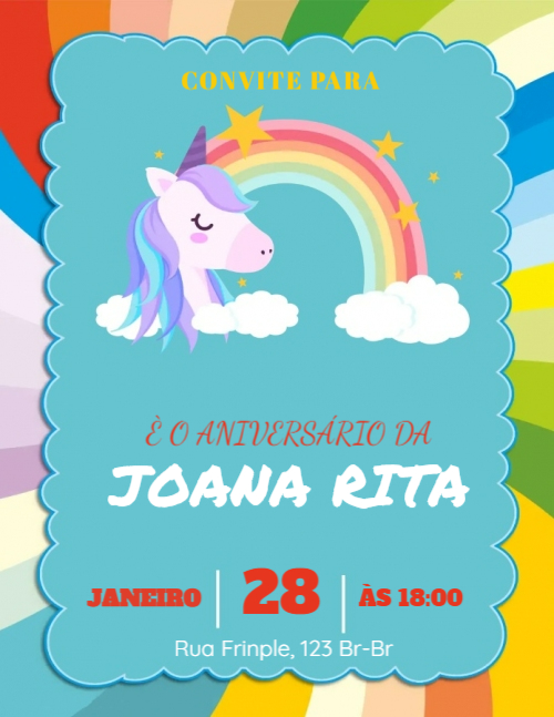 Convite Unicórnio, colorido, arco íris, nuvem