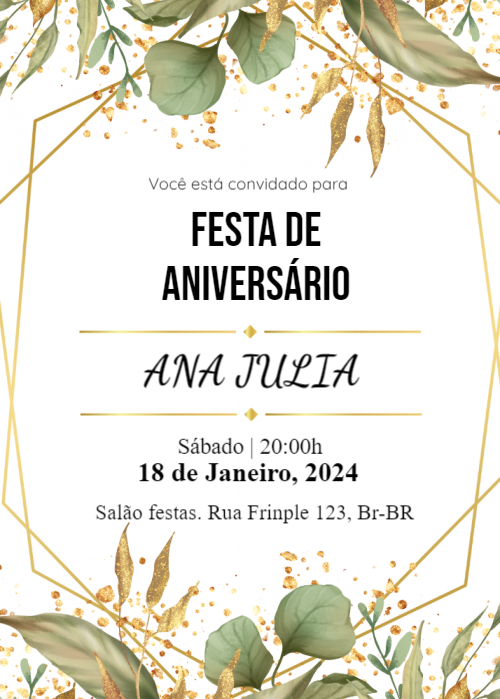  Convite aniversário Folhas verdes douradas