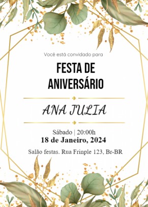  Convite aniversário Folhas verdes douradas