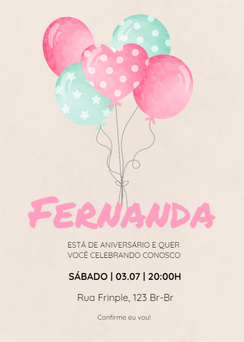 Convite Balões, rosa e verde